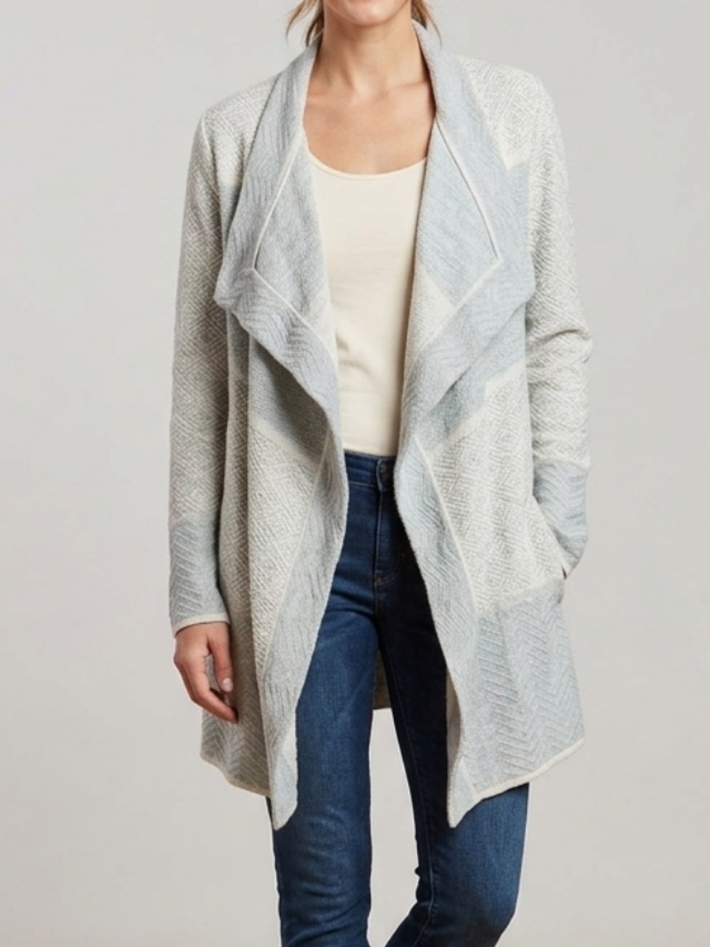 LUCKY BRAND Color Block Pointelle Knit Cotton Waterfall Open Cardigan Medium